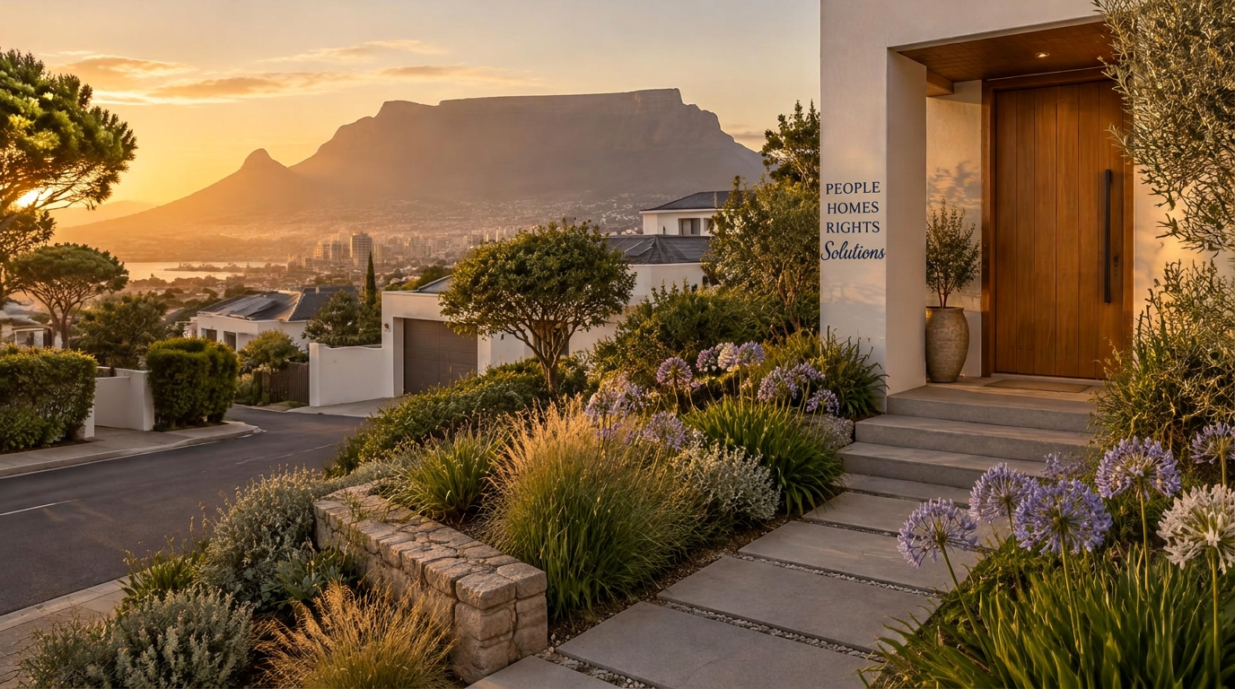 Cape Town at golden hour, with People, Homes, Rights and Solutions printed on the wall pillar beside the front door